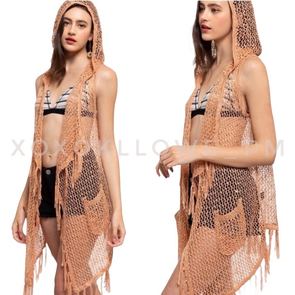 POL Peach Sparkle Fisherman Knit Hooded Fringe Vest - Picture 2 of 7